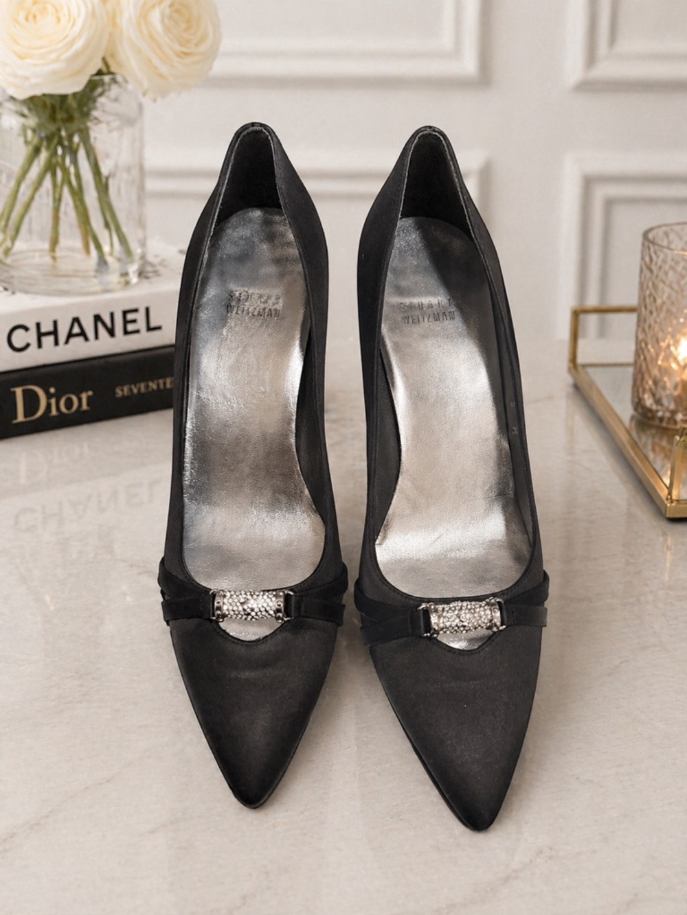 Stuart Weitzman Sz 9 Black Satin Pointed Toe Pumps Crystal Accent Made in Spain